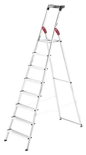 Hailo Stehleiter StandardLine 8 Stufen, belastbar bis 150 kg, große Alu Leiter mit Ablage & Stabiler Holmführung, klappbare Aluleiter rostfrei, Silber, Aktuelles Modell L60, Made in Germany