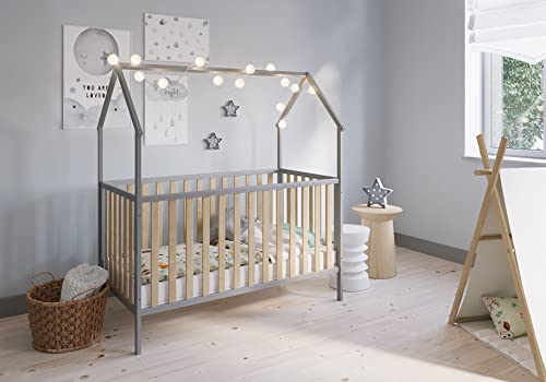 FabiMax Kinderbett Hausbett Schlafmütze, 70x140 cm, grau / Natur, mit Matratze Air