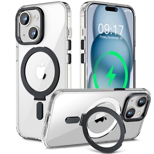 Neeliup Hülle Mag Safe für iPhone 15 Plus - 【Magnetisch Ständer Ring 】【Handyhülle Durchsichtig】【Kameraschutz Kratzfest】【 Stoßfest Case】 Schutzhülle Transparent für 15 Pro (6.1'')