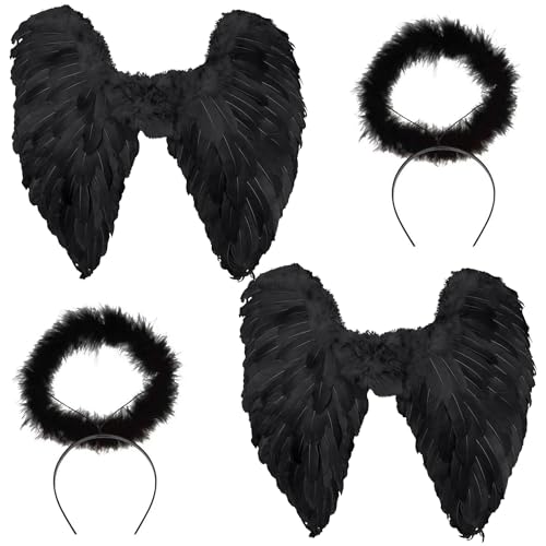 PARTY DISCOUNT Schwarzer Engel Doppelpack, 2x Engelsflügel schwarz ca. 50cm und 2x Heiligenschein in schwarz, Kostüm für Halloween, Karneval, Fasching