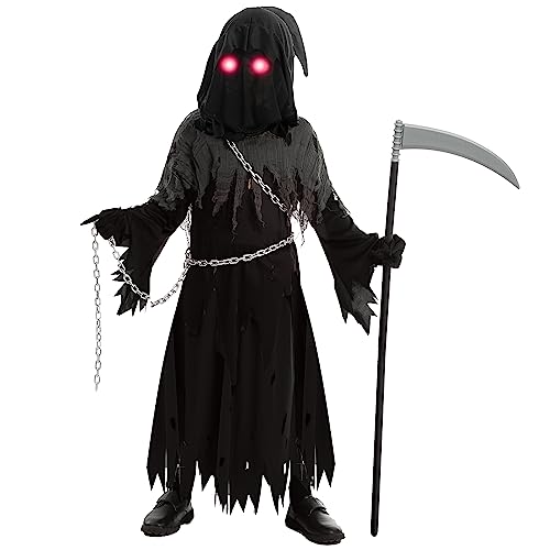 Spooktacular Creations Child Unisex Glowing Eyes Reaper Costume for Creepy Phantom Halloween Costume (Small ( 5 – 7 yrs))