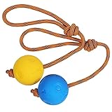 Hundespielzeug aus Seil, 2 Stück, Ball auf einem Seil, Hundespielzeug, unzerstörbar, natürlich, elastisch, Gummibälle zum Apportieren, Fangen, Werfen und Ziehen des Krieges (6 cm, blau + gelb)