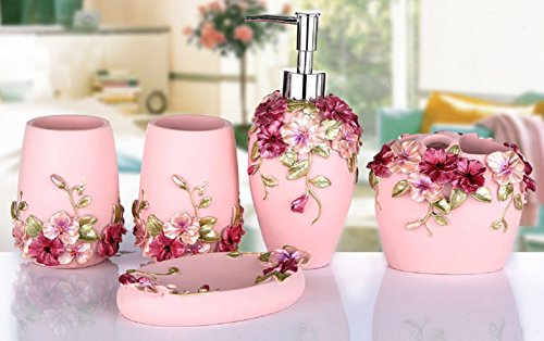 Yiyida 3D Blumen 5-teilig Badezimmer Set: Seifenspender Zahnbürstenhalter Zahnputzbecher Seifenschale für Hotel & Hause (Pink)