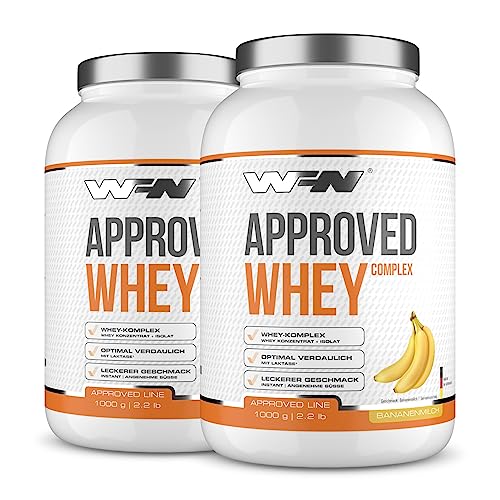 WFN Approved Whey - Whey Proteinpulver - Bananenmilch - 2x 1 kg - Mit Whey Protein Isolat & Laktase - Sehr gut lösliches Eiweißpulver - 66 Portionen - Made in Germany - Extern Laborgeprüft
