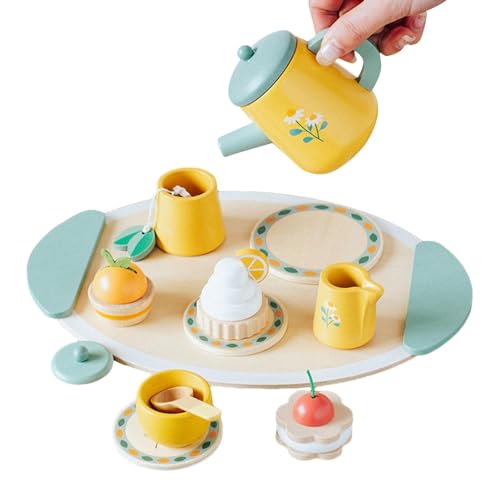Shenrongtong Pretend Teeservice,Pretend Teeservice Holz,Spielen Sie Teeparty-Set mit Spiellebensmitteln und Küchenzubehör | Lustiges und realistisches Küchenspielzeug mit Spielnahrung und Zubehör,