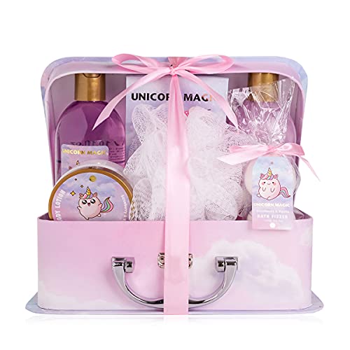 Accentra Bade- und Dusch- Set Unicorn Magic für Jugendliche und Mädchen, mit süßem Erdbeere & Vanille Duft, 7-teiliges Geschenk-Set verpackt in einem Papierkoffer