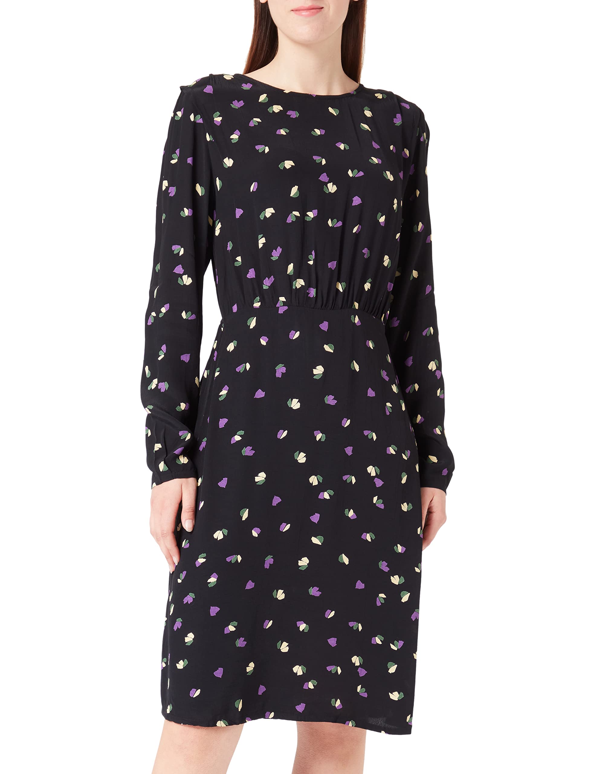 ICHI IHELIMA DR2 Damen Freizeitkleid Kleid 100% Viskose (Ecovero) Langarm hoch geschlossener Ausschnitt tailliert Midilänge, Größe:36, Farbe:Black Flower 1 (201750)