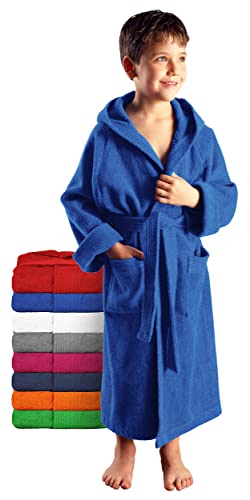 Arus Kinder-Bademantel mit Kapuze für Jungen und Mädchen, 100% Baumwolle Frottee, lang, Royalblau, 140