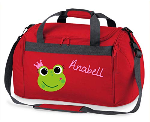 große Sporttasche mit Namen | inkl. Namensdruck | Motiv Frosch-Königin | Stofftasche Reisetasche Umhängetasche für Kinder Mädchen Krone grün rosa schwarz (rot)