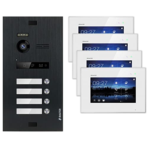 Nonic Balter EVO Black Video Türsprechanlage 4 Familienhaus (1x Türstation mit Kamera, 4X Touchscreen 7 Zoll LCD-Monitor, 2-Draht Bus, 150° Weitwinkel-Kamera, Türöffner- und Interkom-Funktion)