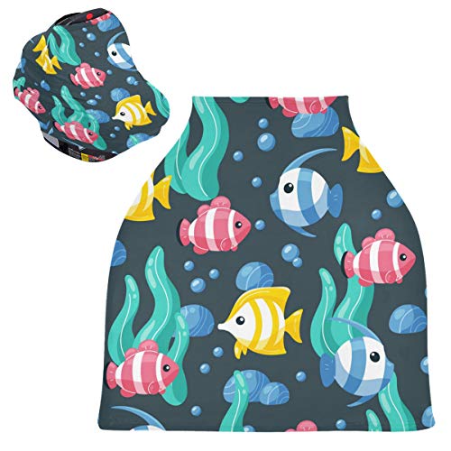Baby Autositzbezug Baldachin Stilldecke – bunte, handgezeichnete Fisch-Cartoon-Abdeckung für Krankenpflege, Schal, atmungsaktiv, für Jungen und Mädchen
