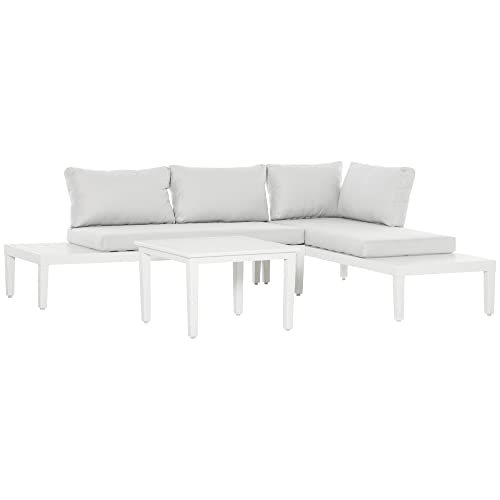 Outsunny 3-teiliges Gartenmöbel-Set mit Beistelltisch Balkonmöbel Set Sofa mit Kissen L-Form Outdoor Aluminium Cremeweiß