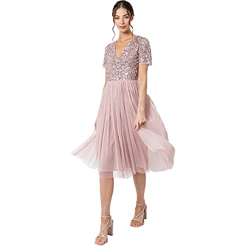 Maya Deluxe Women's Frosted Pink V Neckline Embellished Midi Bridesmaid Dress, 42