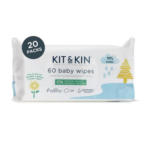 Kit & Kin Premium Eco Feuchttücher für Babys, 1200 Tücher (20 Packungen), plastikfrei und superweich, 99 % Wasser, biologisch abbaubar, hypoallergen und dermatologisch zugelassen, parfümfrei