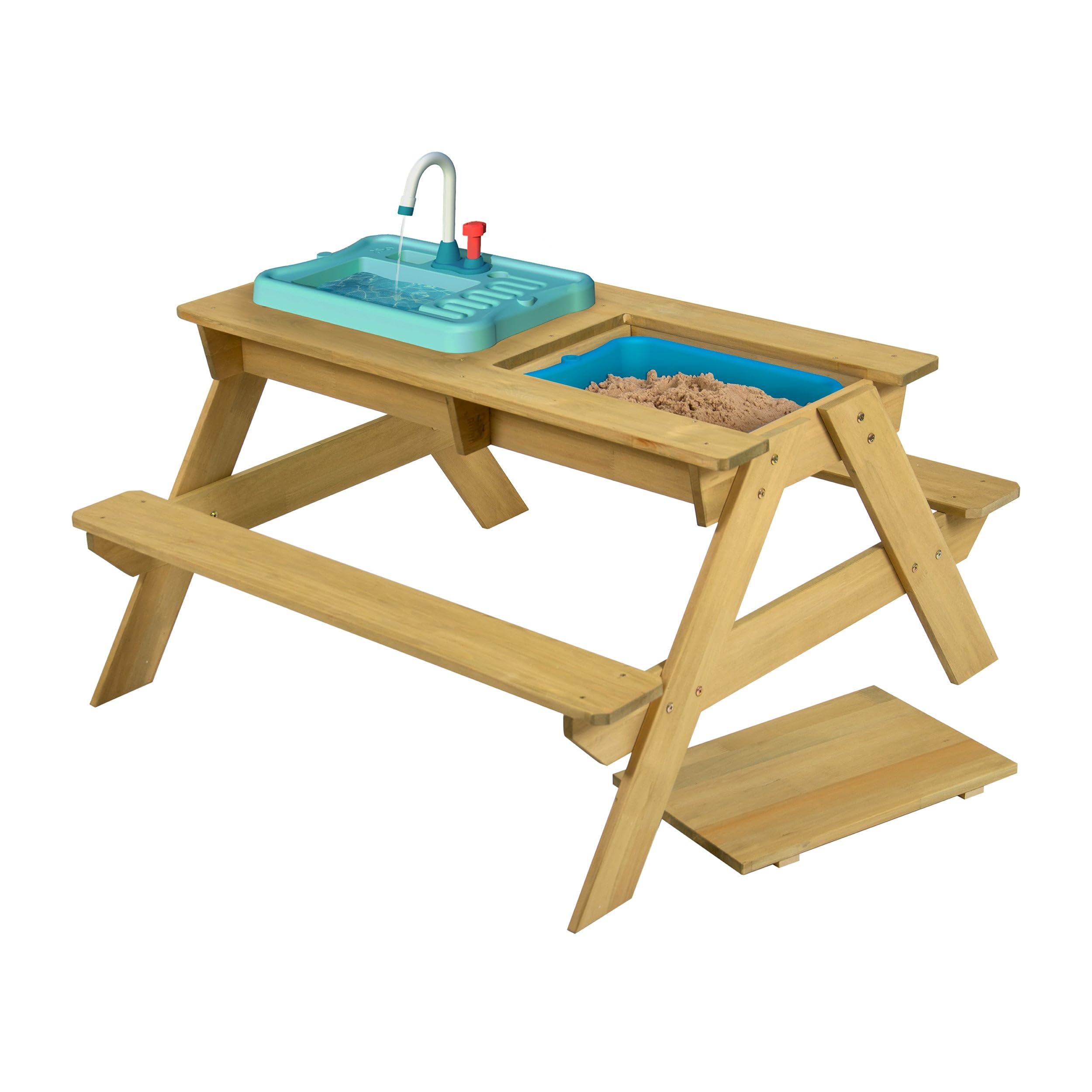 TP Toys TP617 Splash and Play hölzerner Picknicktisch mit funktionierendem Wasserhahn, Schüssel für Sand-und Wasserspiele, Mehrzweck-Holztisch für Kinder ab 2 Jahren 130 x 137 x 138 cm, Holzfarben
