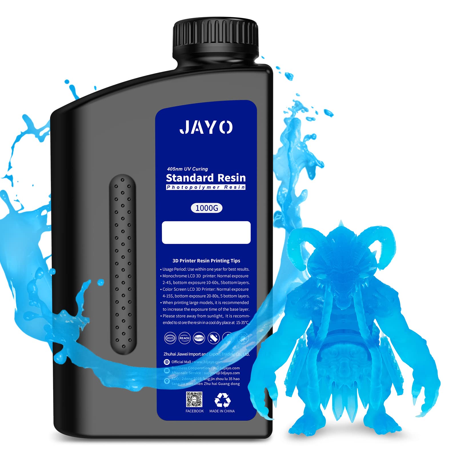 JAYO 3D Drucker Resin, LCD UV 405nm Rapid Resin für 2K 4K 6K 8K LCD/DLP/SLA 3D Drucker Photopolymer Kunstharz Flüssige 3D-Druckmaterialien Klarblau 1000g