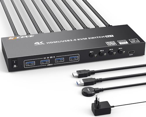 USB3.0 KVM Switch HDMI 4 Ports 4K@60Hz 2K@120Hz RGB 4:4:4,HDMI 2.0 KVM Switch Simulation EDID, HDCP2.2-Dekodierung,KVM Switch 4 PC 1 Monitore mit 4 USB 3.0 Ports für Tastatur, Maus, Drucker etc.