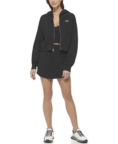DKNY Women's Metallic Logo Full Zip Long Sleeve Hoodie Sweatshirt Pullover Sweater, Black/Silver, 38