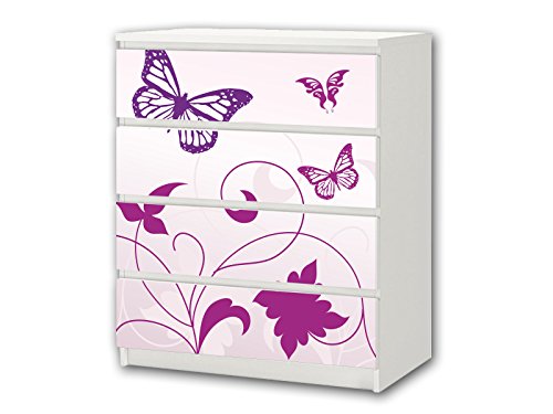 STIKKIPIX Butterfly Möbelsticker/Aufkleber - M4K04 - passend für die Kommode mit 4 Fächern/Schubladen MALM von IKEA - Bestehend aus 4 passgenauen Kinderzimmer Möbelfolien (Möbel Nicht inklusive)