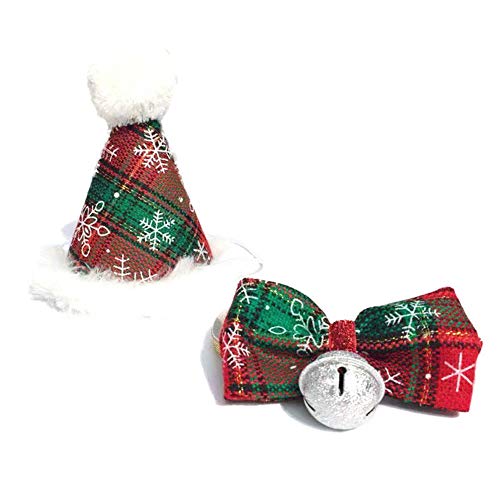 AZXAZ Weihnachtsmütze und Fliege Glocke für Hund Katze Plaid Hut Bowknot Kragen Buntes Haustier Weihnachtskostüm für Kätzchen Welpen Party Cosplay Zubehör