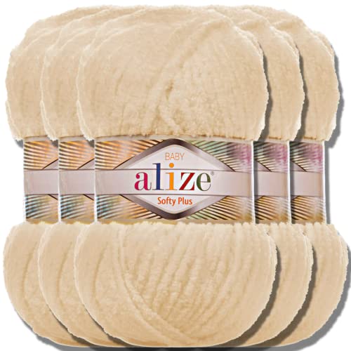 Alize 5x 100g Softy Plus türkische Wolle Super Bulky Chenillegarn Babywolle Handstrickgarn ohne Nadel zum häkeln weiches Chenille-Garn XXL-Knäuel für Amigurumi (Honey | 310)