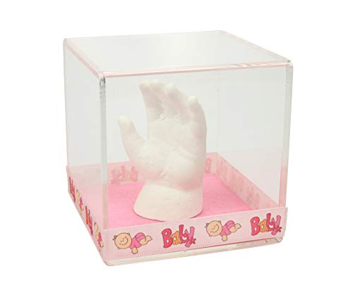 Lucky Hands® 3D-Abformset ohne Zubehör mit Acrylglaswürfel oder Vitrine | Handabdruck, Gipsabdruck (mit Acrylglaswürfel 8,5 x 8,5 cm & mit Baby-Band Rosa, ohne Beschriftung)