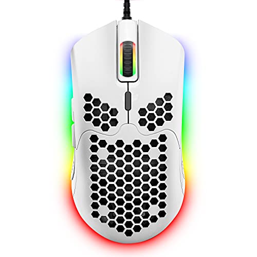 Gaming-Maus, kabelgebunden, leicht, 6 RGB-Hintergrundbeleuchtung, 7 Tasten, programmierbarer Treiber, 6400 dpi, Computermaus, ultraleichtes Wabengehäuse, Xbox, PS4 (weiß)