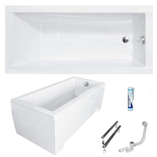 ECOLAM Badewanne Wanne Rechteck Modern Design Acryl weiß 160x70 cm + Schürze Ablaufgarnitur Ab- und Überlauf Automatik Füße Silikon Komplett-Set
