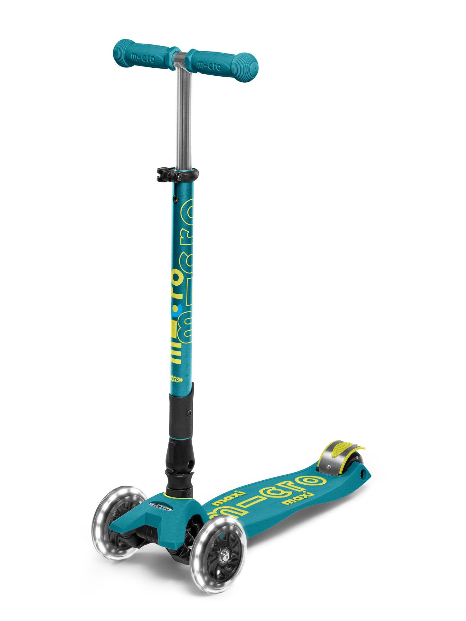 Micro Kickboard Maxi Deluxe Scooter, faltbar, LED, 3 Räder, Lean-to-Steer, Schweizer Design, mit bewegungsaktivierten Leuchtrollen, für Kinder von 5-12 Jahren - Petrolgrün