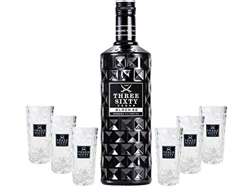 Three Sixty Set Geschenkset ? Three Sixty Black Vodka Wodka 0,7L 700ml (42% Vol) + 6x Shotgläser Glas 2 und 4cl geeicht- [Enthält Sulfite]