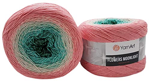 YarnArt Flowers 520 Gramm Bobbel Wolle mit Glitzer und Farbverlauf, 53% Baumwolle, Bobble Strickwolle Mehrfarbig (rosa grün 3292)