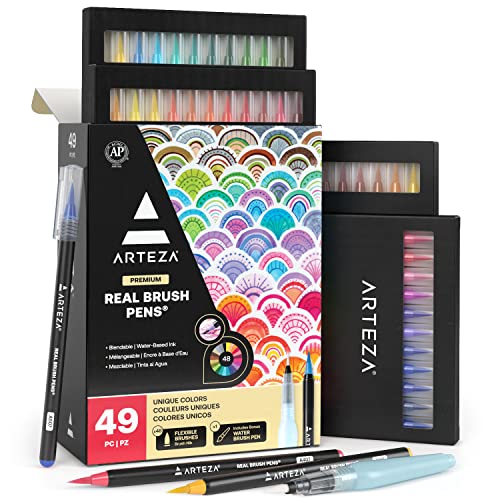 Arteza Pinselstifte, Set mit 48 Stiften in verschiedenen Farben, hochwertige Brush Pen Fasermaler, Aquarell-Pinselstifte auf Wasserbasis, für Kalligraphie, Handlettering, Ausmalen