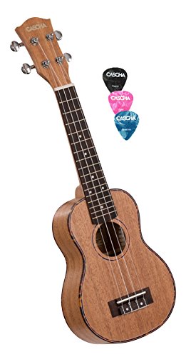 CASCHA Premium Mahagoni Sopran Ukulele, kleine Hawaii Gitarre, Ukulele für Einsteiger mit Aquila-Saiten und 3 Plektren
