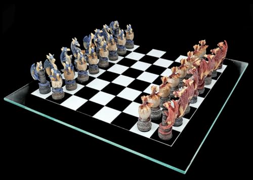 Schachspiel Drachen Rot vs. Blau - Fantasy Schach Set Glasbrett Schachfiguren Figuren Mythologie