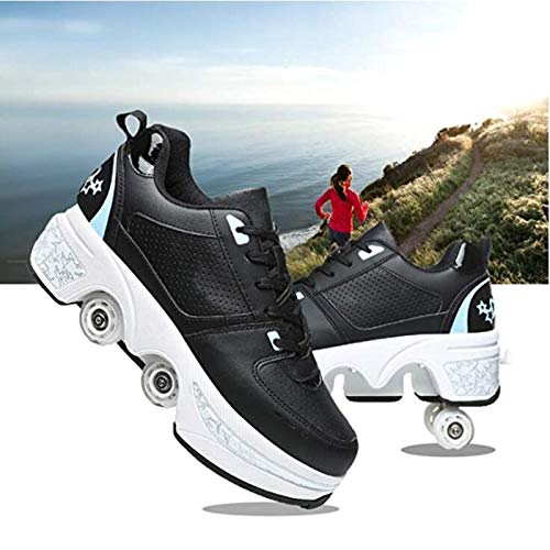 Rollschuh Roller Skates Lauflernschuhe, Sneakers, 2 In 1 Mehrzweckschuhe Schuhe Mit Rollen Skateboardschuhe,Inline-Skate,Verstellbare Quad-Rollschuh Stiefel,Black-EUR39