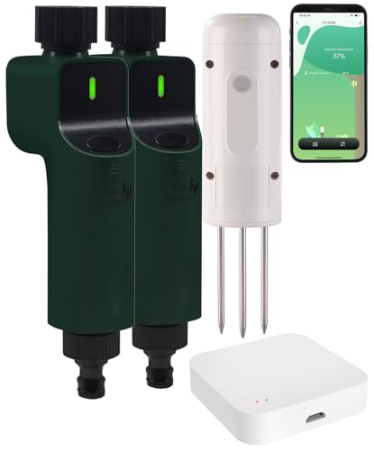Luminea Home Control BodenFeuchtigkeits&Temperatursensor,ZigbeeGateway,2X Bewässerungscomp.