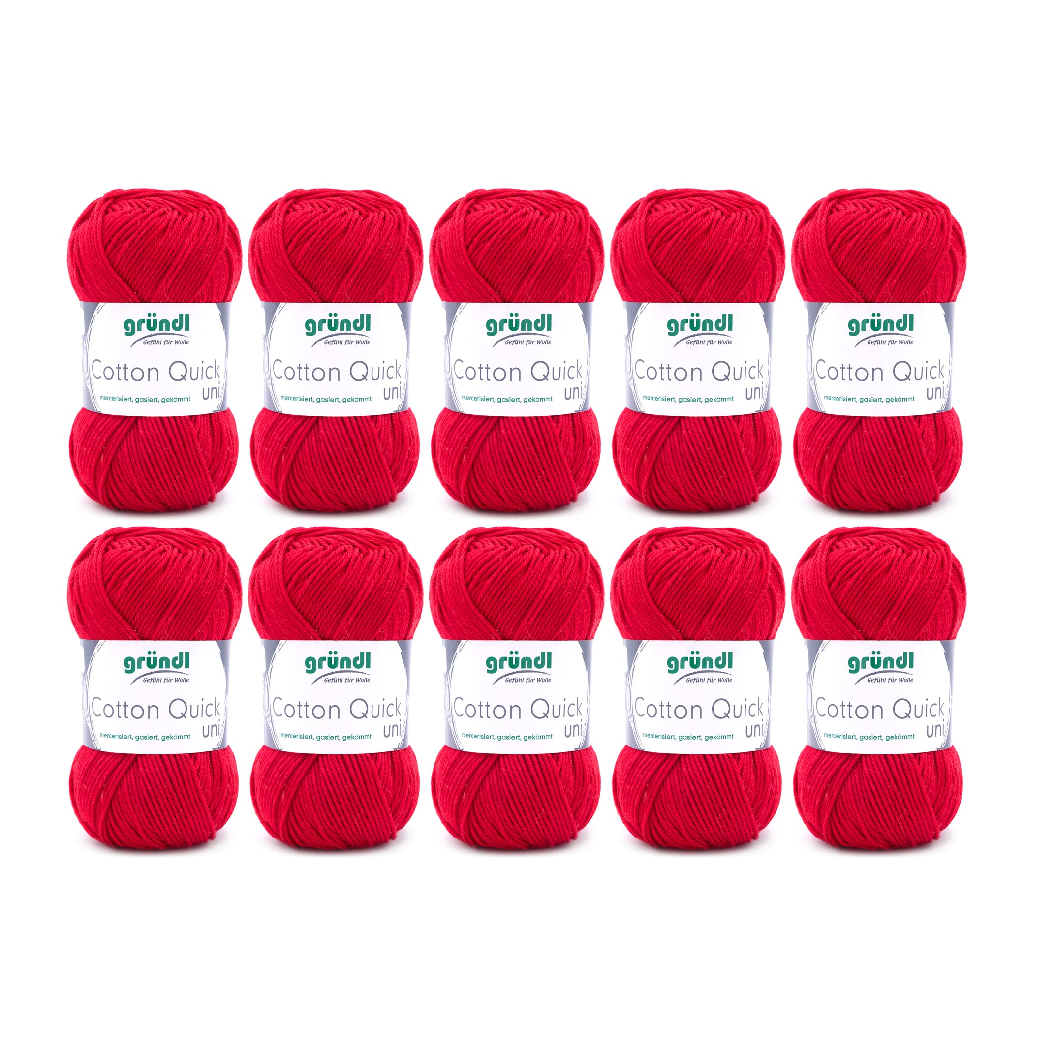 Gründl Cotton Quick Uni, Vorteilspack 10 Knäuel à 50 g (strapazierfähige und langlebige Wolle, pflegeleichtes waschbares Garn aus 100 % Baumwolle, 50 g / 125 m, Nadelstärke: 3 - 4, 10 x 50 g), Rot