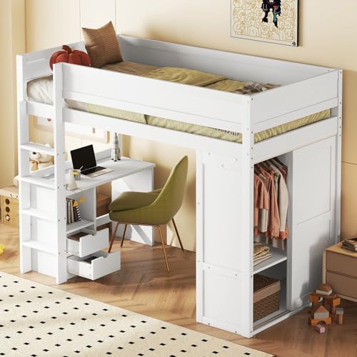 Idemon Hochbett 90 * 200 cm, multifunktionales Kinderbett mit Kleiderschrank, Schreibtisch und Schubladen, Jugendbett und Erwachsenenbett (weiß)