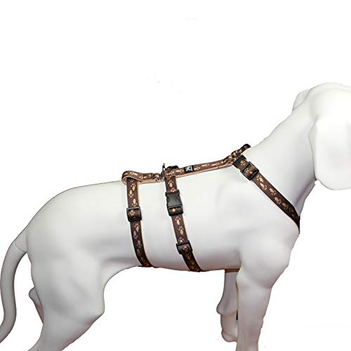 Das Original - NoExit Hundegeschirr ® - 100 % ausbruchsicher für Angsthunde, Sicherheitsgeschirr für Pflegehunde, Panikgeschirr, braun mit beigen Pfötchen, Bauchumfang 60-80 cm, 25 mm Bandbreite