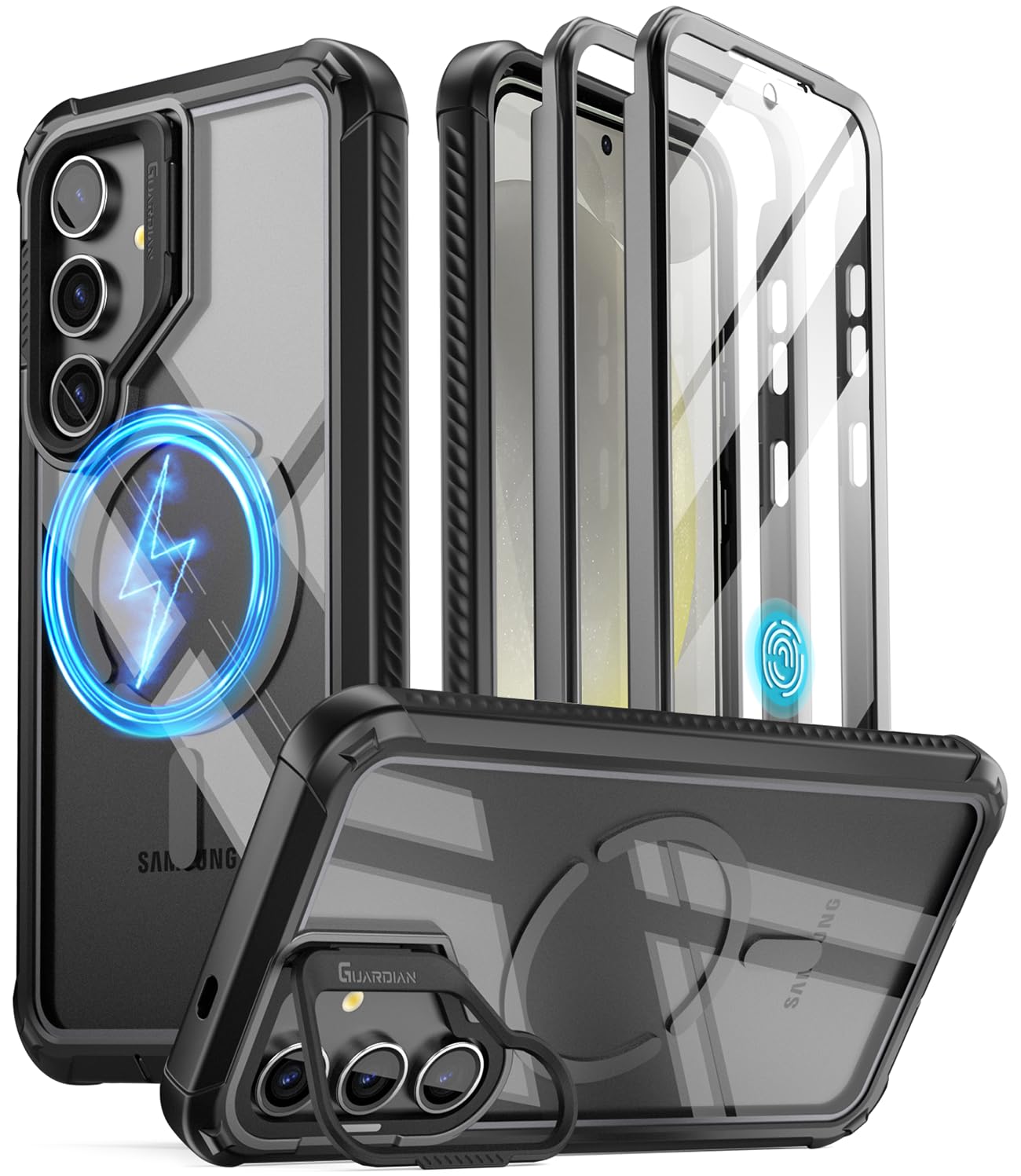 POETIC Guardian Hülle Kompatibel mit Galaxy S24 5G 6,2 Zoll, [integrierter Kameraständer] [Displayschutz funktioniert mit Fingerabdruck-ID] Stoßfeste, Ganzkörper-Hybrid-Schutzhülle, Schwarz/Klar