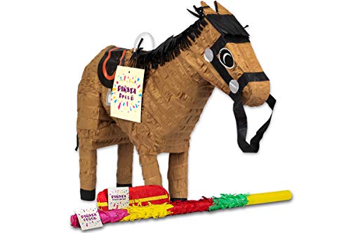 Trendario Pinata Set Pferd, Pinjatta + Stab + Augenmaske, Ideal zum Befüllen mit Süßigkeiten und Geschenken - Piñata braunes Pferd für Kindergeburtstag Spiel, Geschenkidee, Party, Hochzeit
