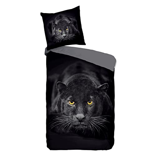 MTOnlinehandel Bettwäsche Panther 135x200 + 80x80, schwarz & grau, Tiere-Bettwäsche für Teenager & Erwachsene, Tiermotiv Black Panther