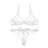 Damen durchsichtiger BH und Tanga-Set, transparent, Netzstoff, sexy Unterwäsche, Push-Up-BH, 2-teilig (Farbe: Weiß, Größe: 75B)