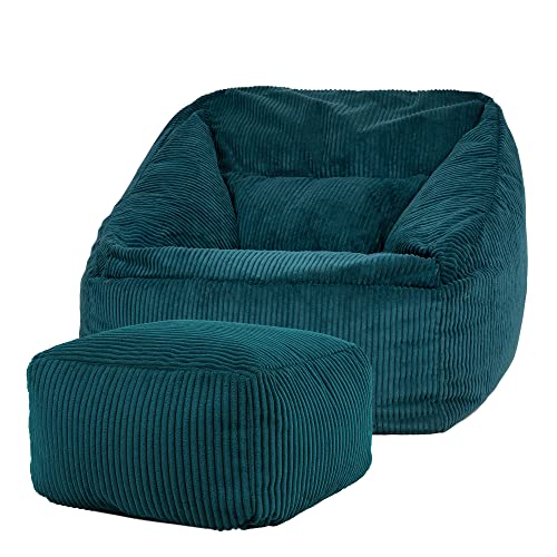 Icon Riesen Sitzsack Sessel „Morgan“ mit Hocker, Blaugrün, Cord XXL Sitzsack Erwachsene mit Füllung für das Wohnzimmer, Riesensitzsack XXL Flauschig Cord