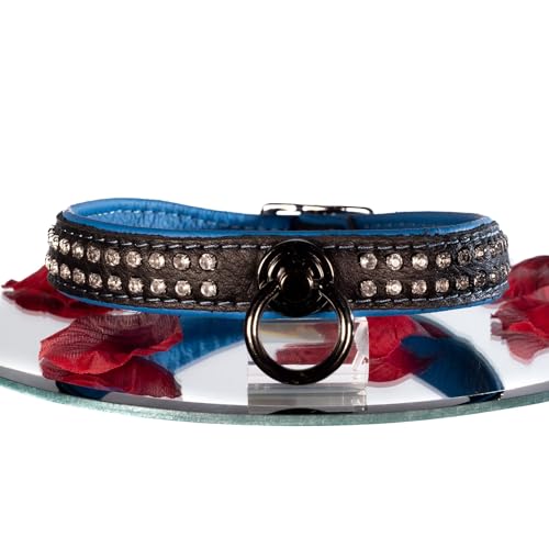 SiaLinda: Halsband echtes Elch Leder mit Strass blau schwarz, gr. O-Ring, 20mm breit schwarz (anthrazit)