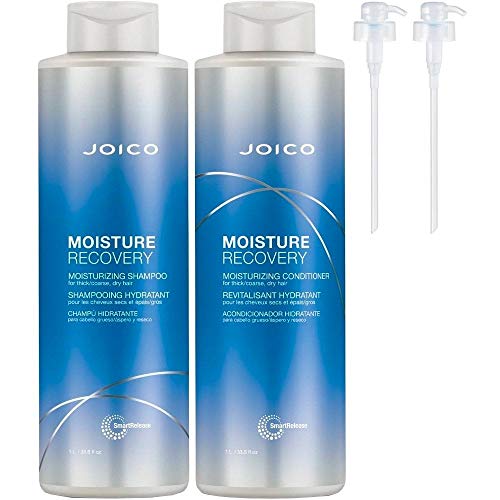 Joico Moisture Recovery Shampoo 1000 ml & Pflegespülung 1000 ml für trockenes/strapaziertes/dehydrierte Haar, Doppel-Haarpflegeset + Gratis-Pumpen