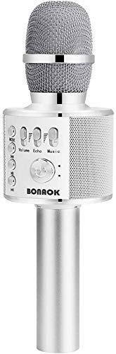 BONAOK Drahtloses Bluetooth-Karaoke-Mikrofon, tragbares 3-in-1-Karaoke-Handmikrofon Geburtstagsgeschenk Home-Party-Lautsprecher für iPhone/Android/iPad/Sony, PC-Smartphone (Silber)
