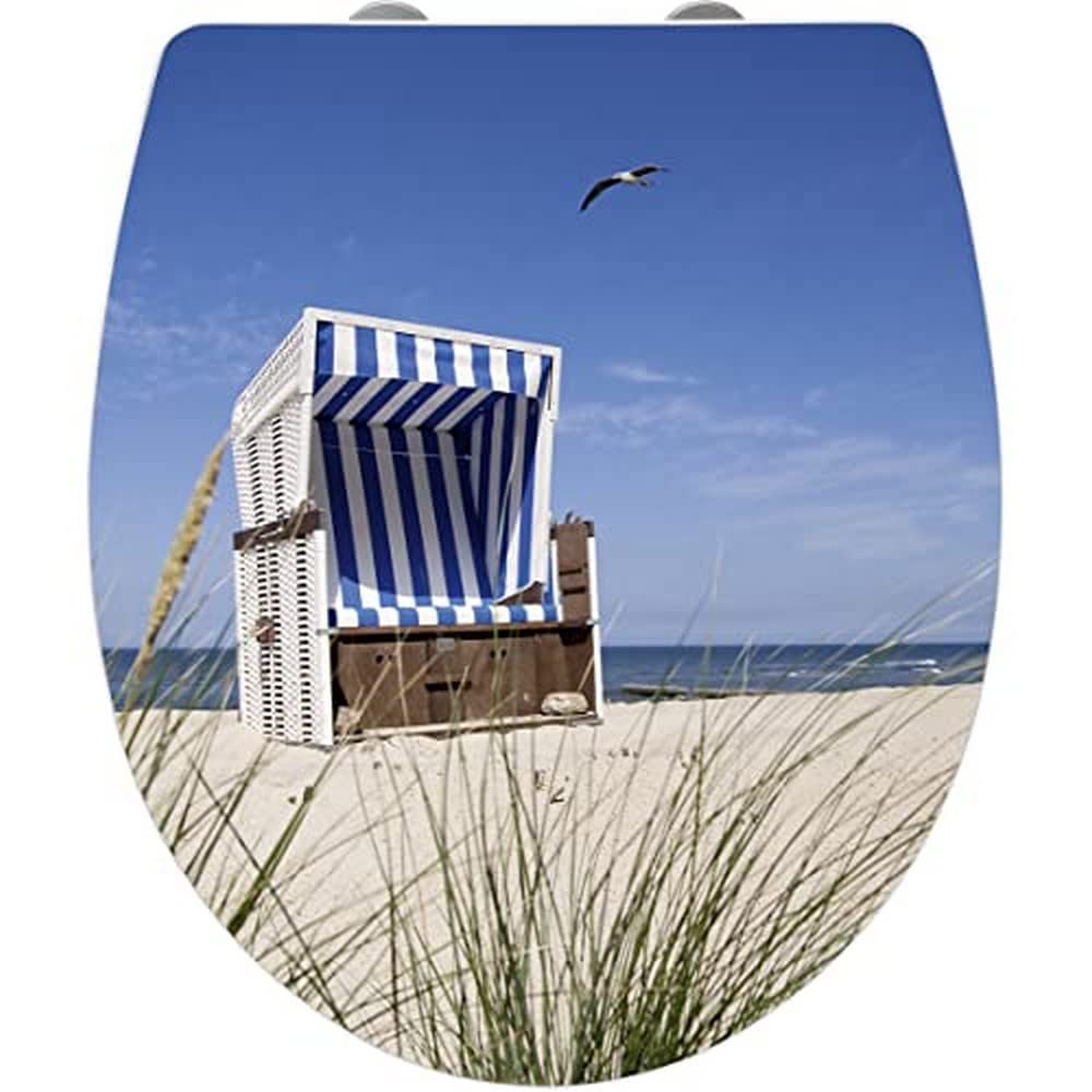 WENKO WC-Sitz Hochglanz Acryl Strandkorb, High Gloss Oberfläche, hygienischer Toilettendeckel mit Absenkautomatik, aus antibakteriellem Duroplast, 39 x 45 cm