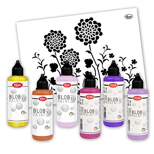 Viva Decor Blob Paint Farbset Blumenwiese + DIN A3 Schablone (6 x 90ml) gebrauchsfertige Farben für Blob Painting - Dot Painting Art, Dotting Tool für Leinwand - Made in Germany