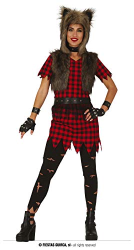 FIESTAS GUIRCA Werwolf Frauen Kostüm Größe M 38 – 40 inkl. Mütze und Weste in Pelz-Optik, schwarz rotes Karokleid, Halskette, Armbänder, Gürtel und Hose